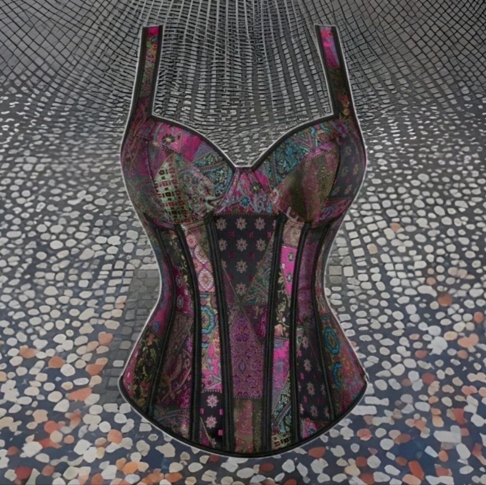 NWT Patchwork Multicolor Floral Jacquard Lace Up Corset SZ L - Picture 10 of 15
